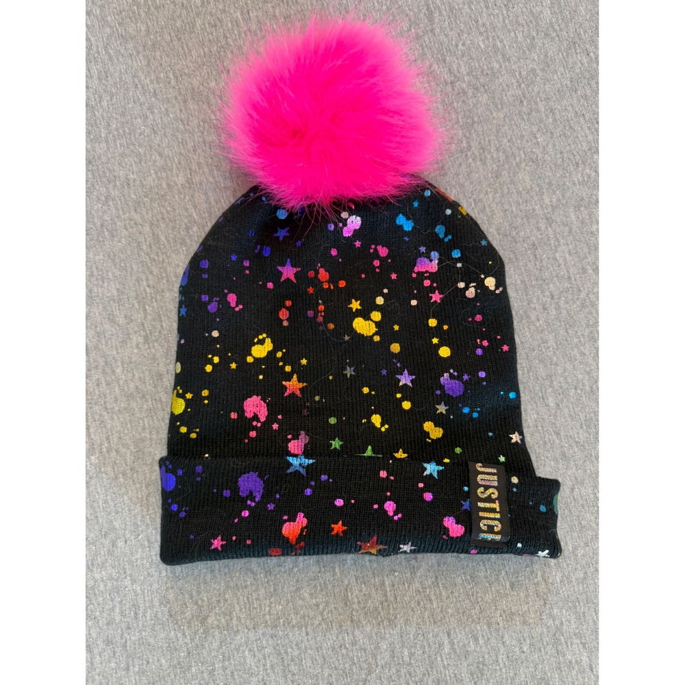 Justice Girls Black Rainbow Foil Star Splatter Beanie Pink Pom Pom Hat 27849915